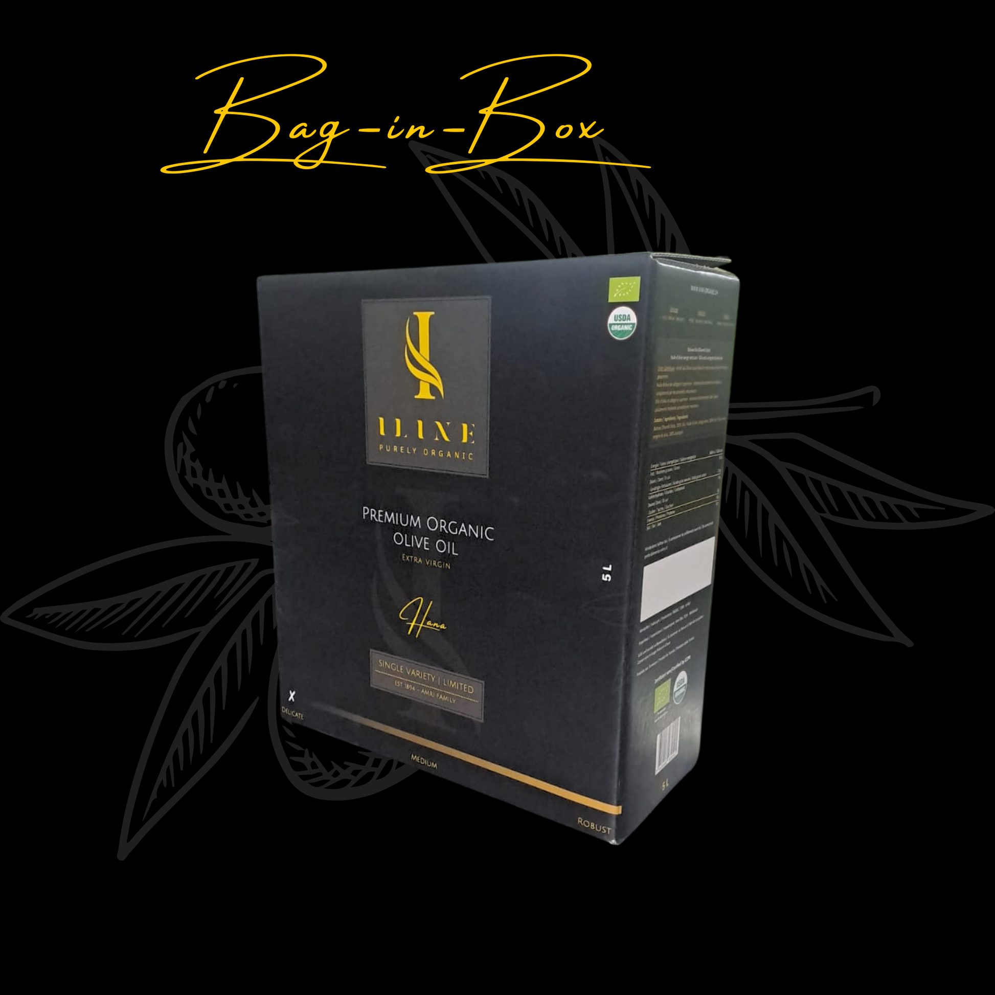 BIO Olivenöl native Extra Bag-in-Box in verschiedenen Grössen: 1.5 Liter, 3 Liter und 5 Liter.