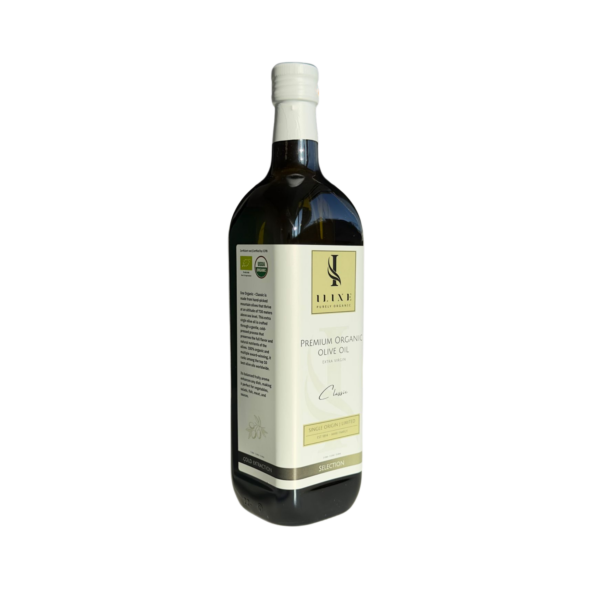 Iline Organic native Extra Bio-Olivenöl in einer edlen, dunklen 1 Liter Glasflasche. Olivenölvariante Classic mit ausgewogenem fruchtigem Aroma.