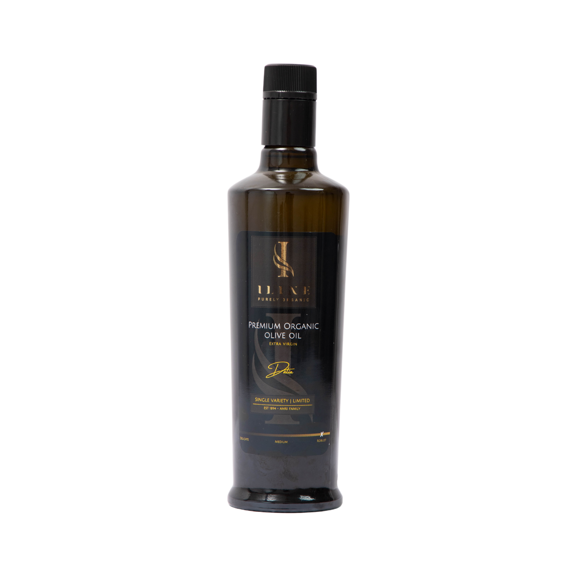 Iline Organic native Extra Bio-Olivenöl in einer edlen, dunklen 500 ml Glasflasche. Olivenölvariante Dalia (robust) mit fruchtigem, intensivem und charakterstarkem Aroma.