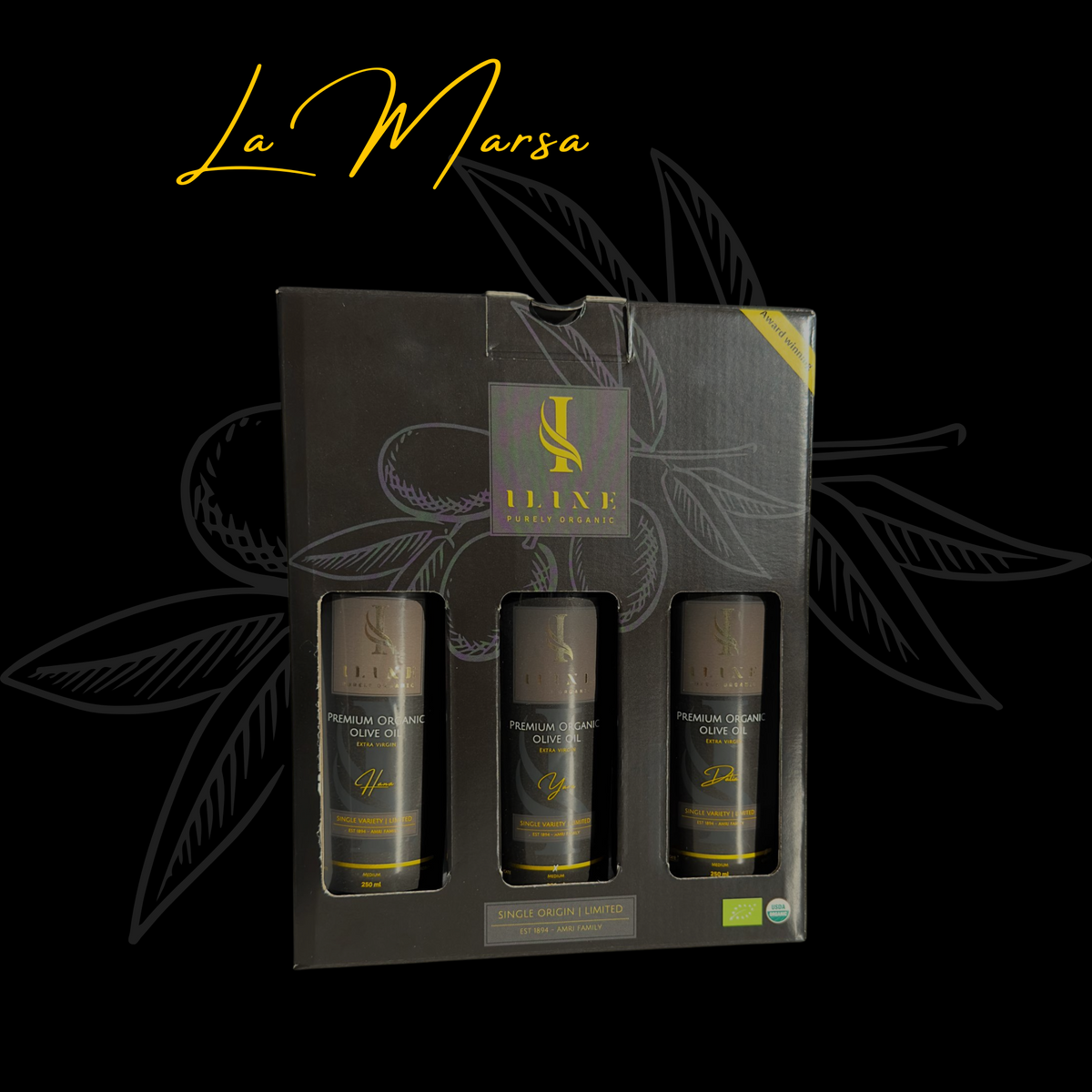 Iline Geschenkbox mit Sichtfenstern und den Sorten Hana, Yara und Dalia; 250-ml-Flaschen auf Schwarz.