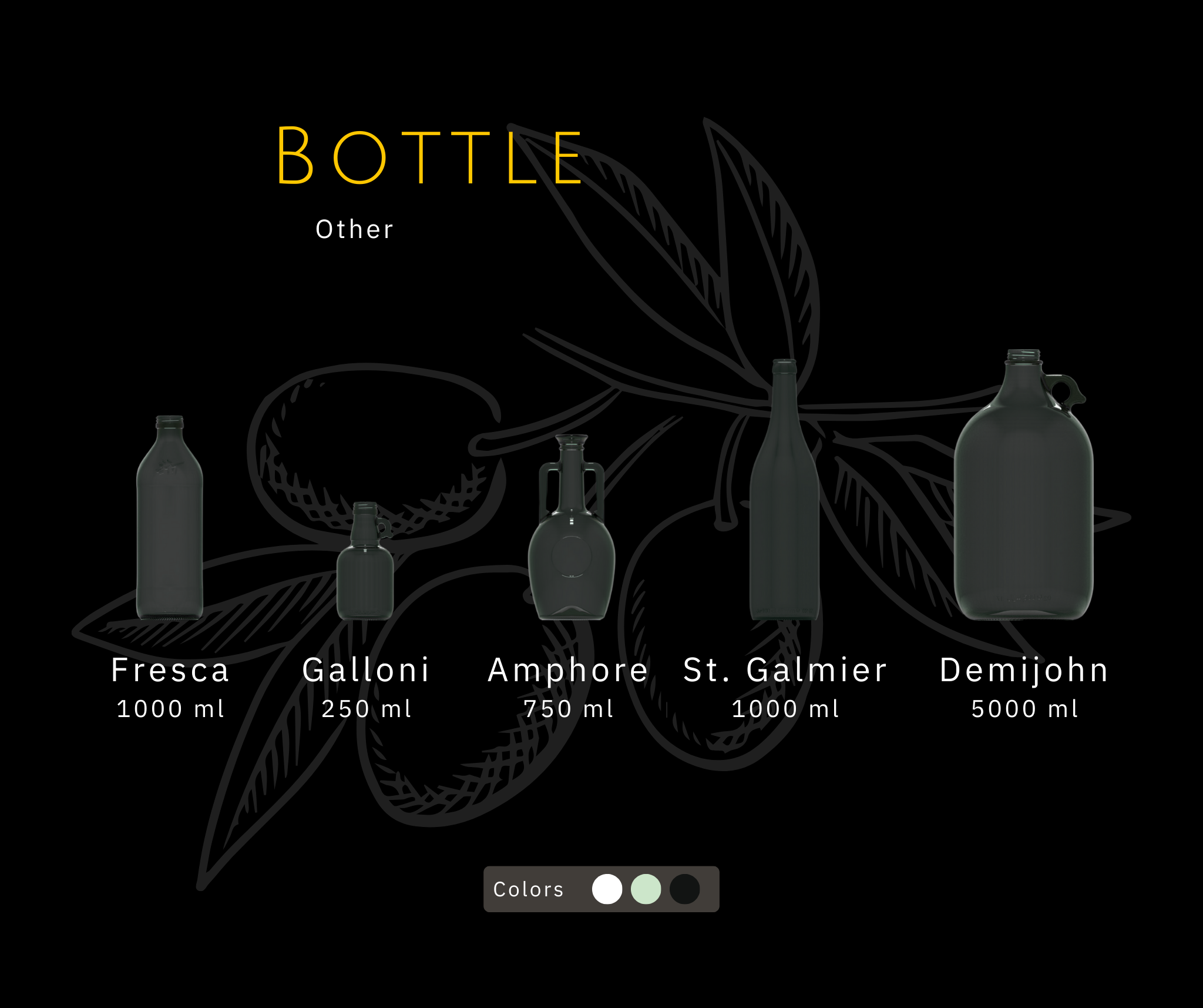 Exklusive Olivenölflaschen-Kollektion mit verschiedenen Designs: Fresca (1000 ml), Galloni (250 ml), Amphore (750 ml), St. Galmier (1000 ml) und Demijohn (5000 ml). Geeignet für Private-Label-Marken mit einzigartigem Look und hochwertiger Verpackung.