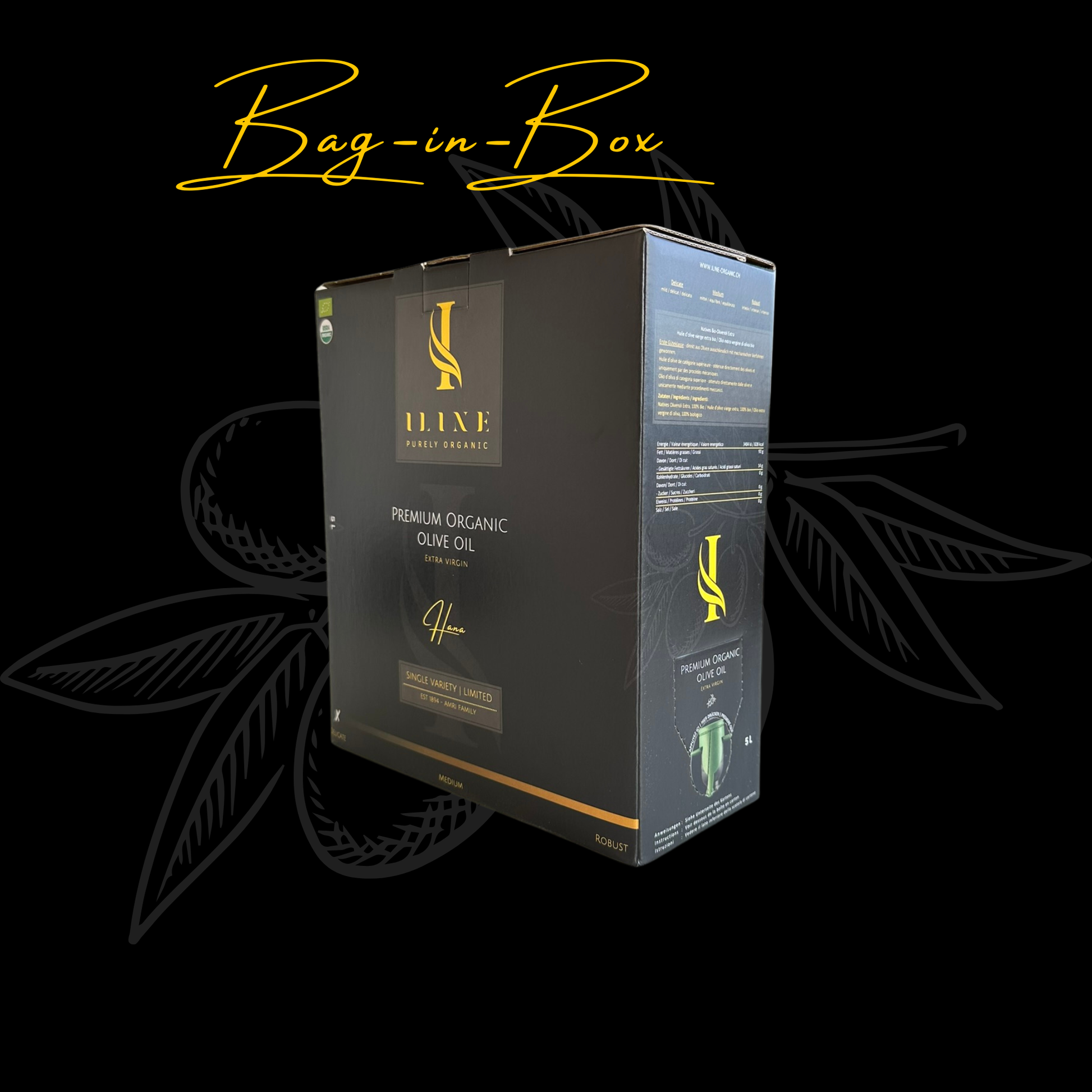 BIO Olivenöl native Extra Bag-in-Box in verschiedenen Grössen: 1.5 Liter, 3 Liter und 5 Liter.