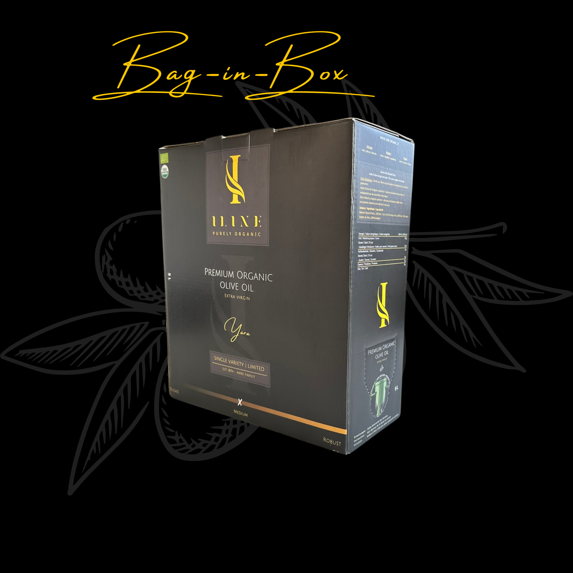 BIO Olivenöl native Extra Bag-in-Box in verschiedenen Grössen: 1.5 Liter, 3 Liter und 5 Liter.