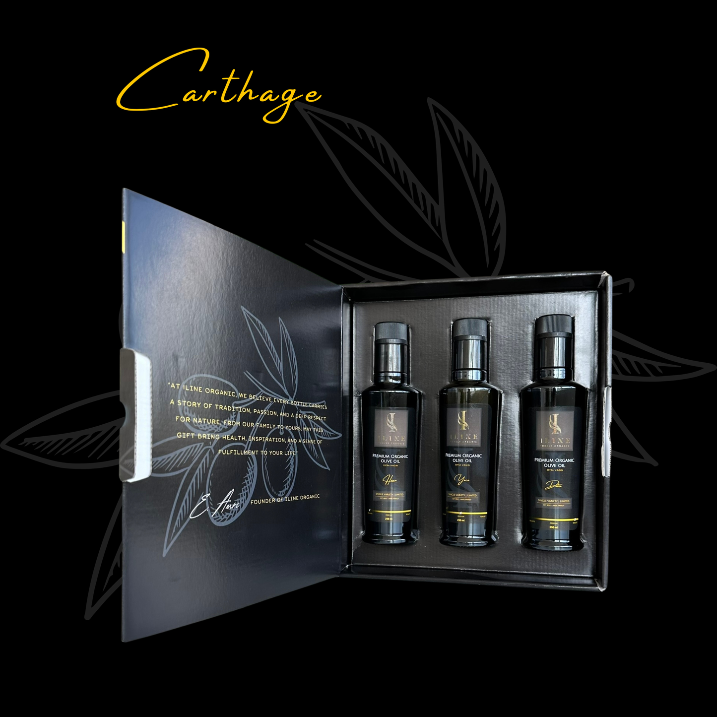 Elegantes Geschenkset in einer Box mit drei 250-ml-Flaschen extra nativem Olivenöl: 'Delicate' (leicht, zart, fruchtig), 'Medium' (geschmeidig, ausgewogen, fruchtig) und 'Robust' (intensiv, charakterstark, fruchtig). Das Olivenöl wird aus handverlesenen Bergoliven in einer Höhe von 730 Metern über dem Meeresspiegel gewonnen.