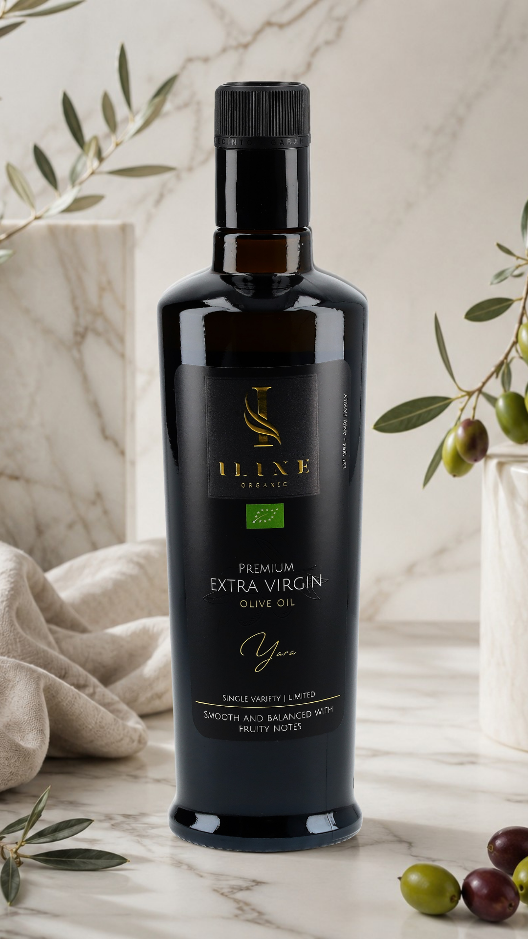BIO Olivenöl Yara (Flasche) – medium, 500 ml, fotorealistische Produktdarstellung.