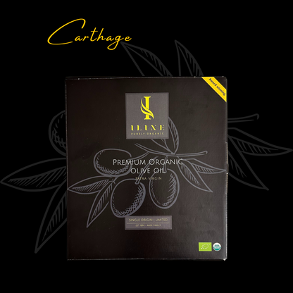 Geschlossene schwarze Iline Geschenkbox mit Olivenzweig-Zeichnung auf schwarzem Hintergrund.