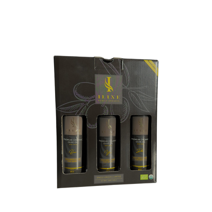 Iline Geschenkbox mit Sichtfenstern und den Sorten Hana, Yara und Dalia; 250-ml-Flaschen auf Weiss.