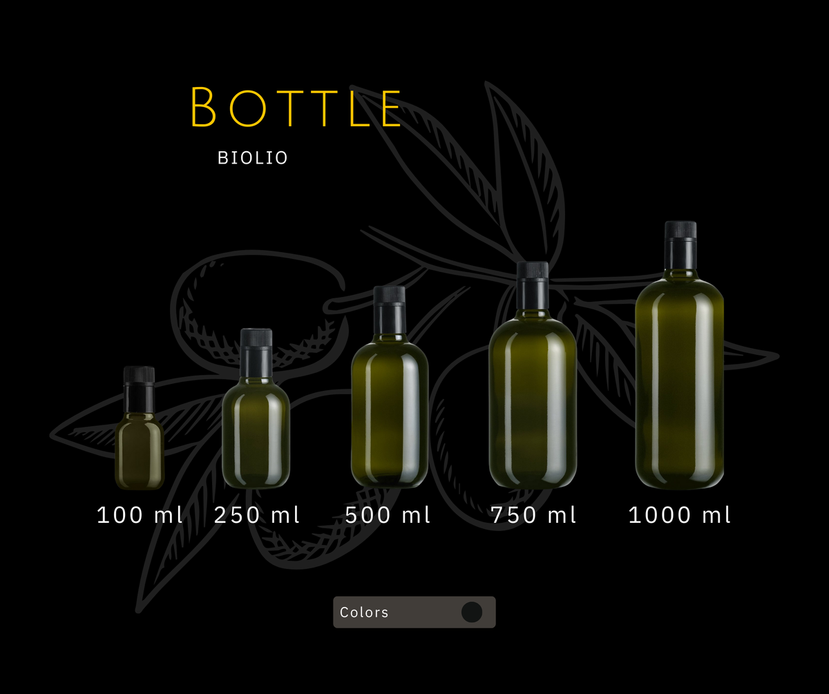 Flaschenformen BIOLIO mit schwarzen Verschlüssen; 100 250 500 750 1000 ml.