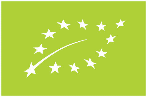 EU-Bio-Logo mit weissem Sternenblatt auf grünem Hintergrund.