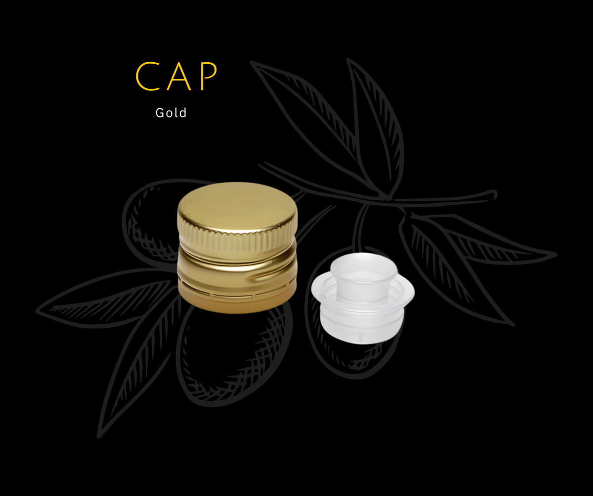 Goldfarbener geriffelter Flaschenverschluss und weisser Kunststoffeinsatz; CAP Gold.