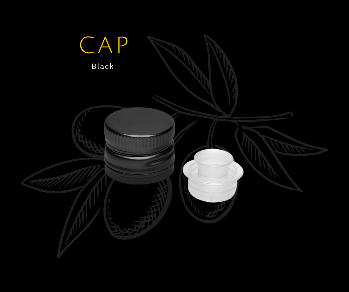 Schwarzer geriffelter Flaschenverschluss und weisser Kunststoffeinsatz; CAP Black.
