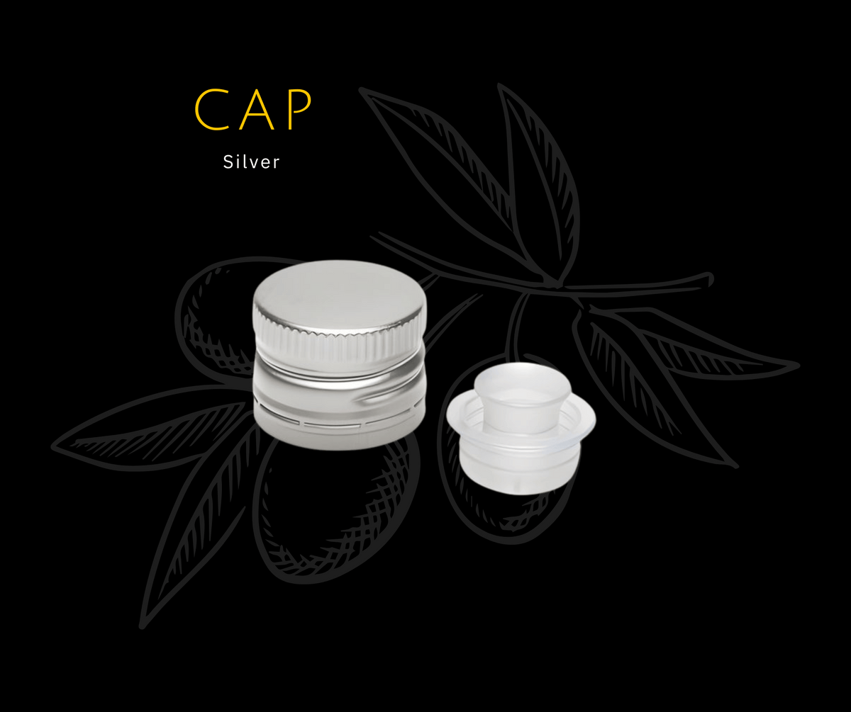 Silberfarbener geriffelter Flaschenverschluss und weisser Kunststoffeinsatz; CAP Silver.