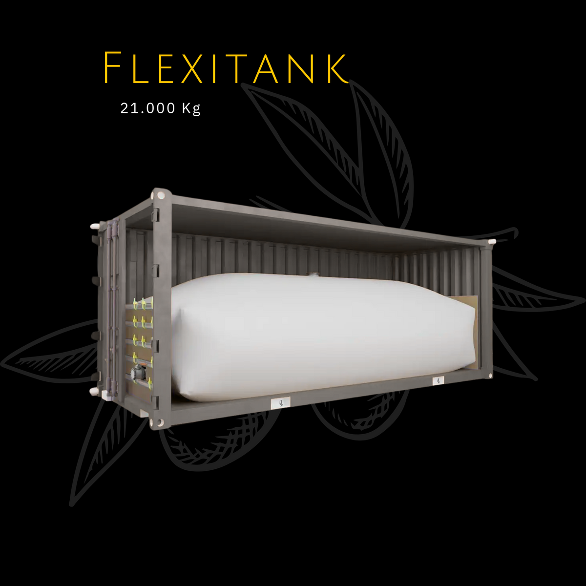 Flexitank in seitlich offenem Container auf Schwarz; Beschriftung 21.000 Kg.