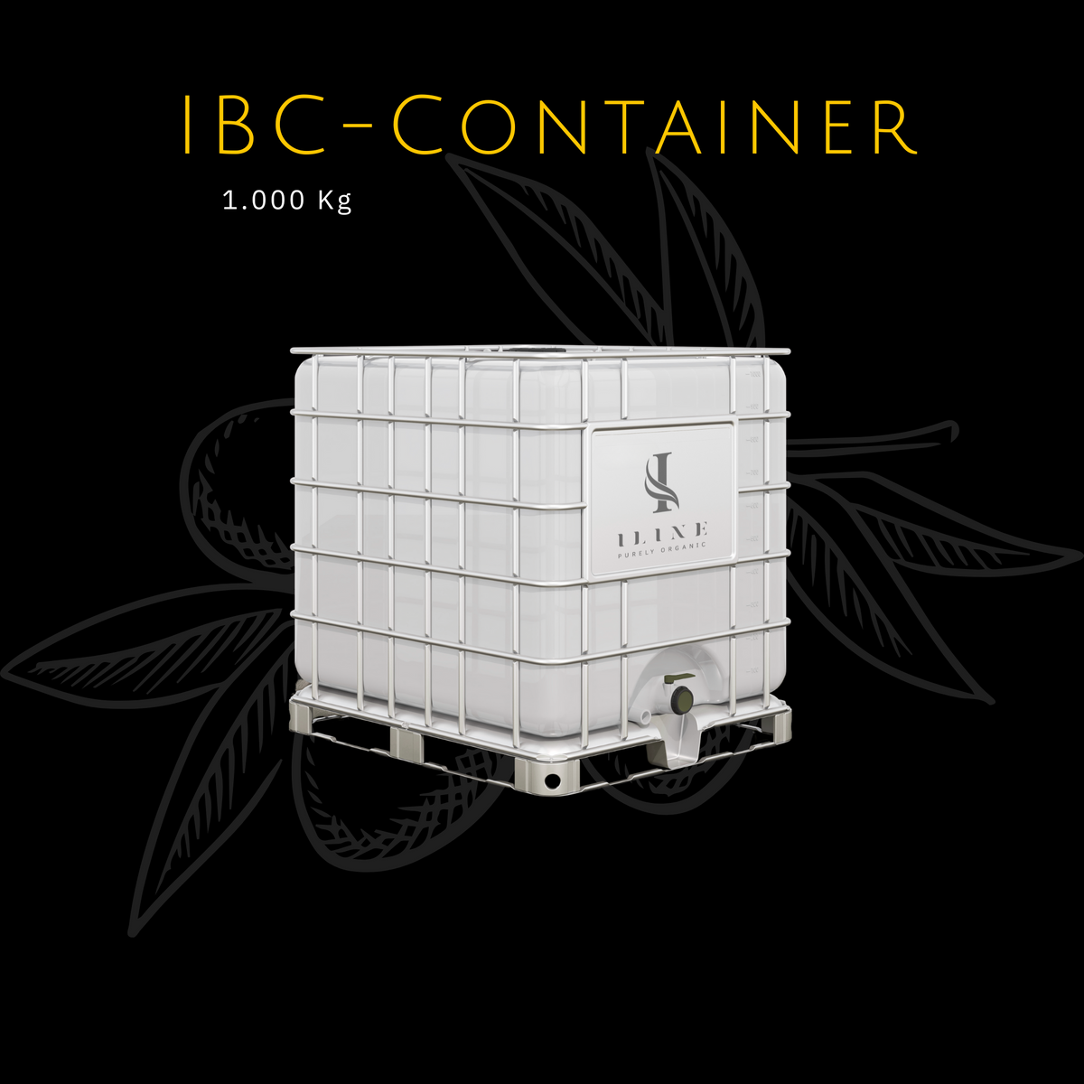 Weisser IBC-Tank im Metallgitter auf Palette mit Iline-Logo; Beschriftung 1.000 Kg.