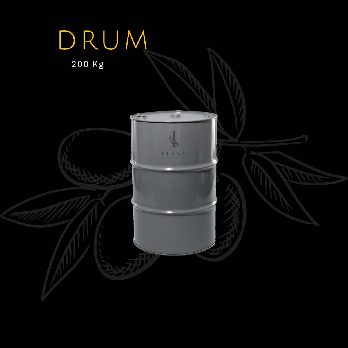 Graues Metallfass mit Iline-Logo; Beschriftung Drum 200 Kg.
