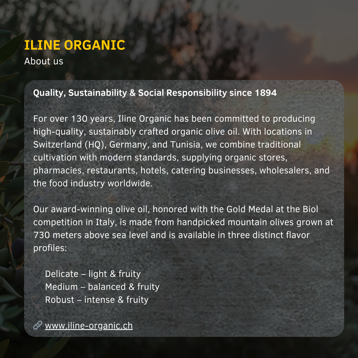 Englisches About-us-Infobild zu Iline Organic mit Text zu Geschichte Qualität Nachhaltigkeit und Sorten.