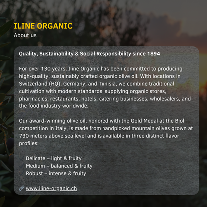 Englisches About-us-Infobild zu Iline Organic mit Text zu Geschichte Qualität Nachhaltigkeit und Sorten.