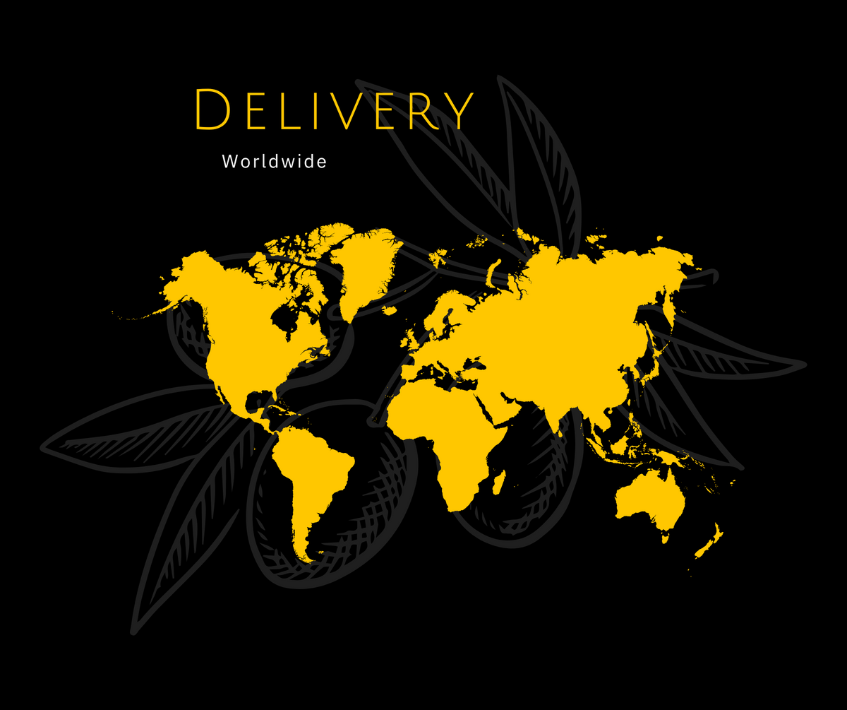 Delivery Worldwide Grafik mit gelber Weltkarte auf Schwarz.