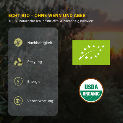 Deutsche Infografik mit EU-Bio und USDA-Organic Logos sowie Nachhaltigkeit Recycling Energie Verantwortung.
